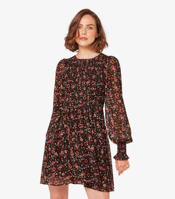 Apricot Burgundy Ditsy Floral Smocked Neck Mini Dress