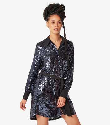 Apricot Silver Sequin Mini Shirt Dress