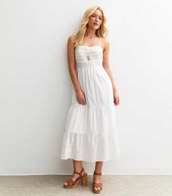 White Pintuck Lace Trim Strappy Midi Dress