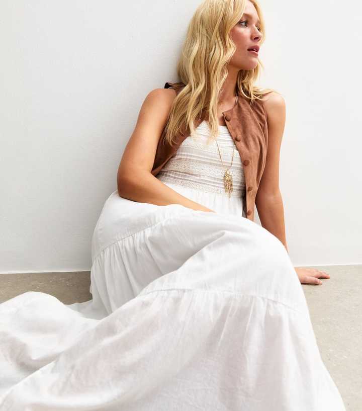 White Pintuck Lace Trim Strappy Midi Dress | New Look