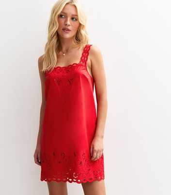 Bright Red Cutwork Embroidered Strappy Mini Dress