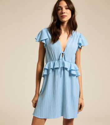 Blue Crinkle Texture Flutter Sleeve Mini Dress