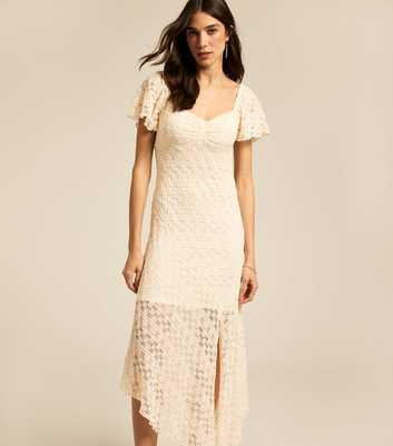 Cream Asymmetric Hem Lace Midi Dress