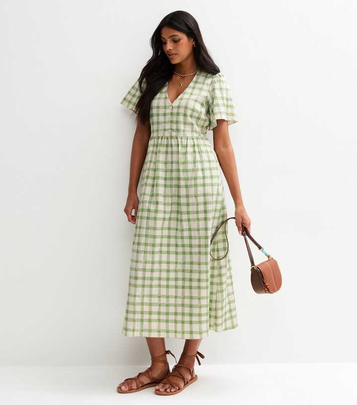Green Gingham Check V-Neck Button Front Midi Dress Green Gingham Check V-Neck Button Front Midi Dress