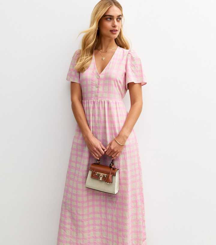 Pink Gingham Check V-Neck Button Front Midi Dress