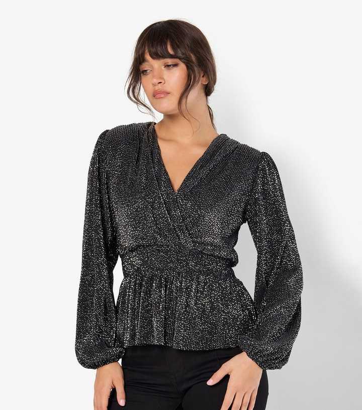 Apricot Black Polka Dot Plisse Pleat Peplum Wrap Top 