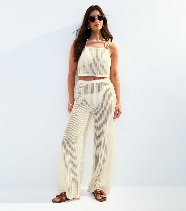 Cream Ladder Stitch Beach Trousers