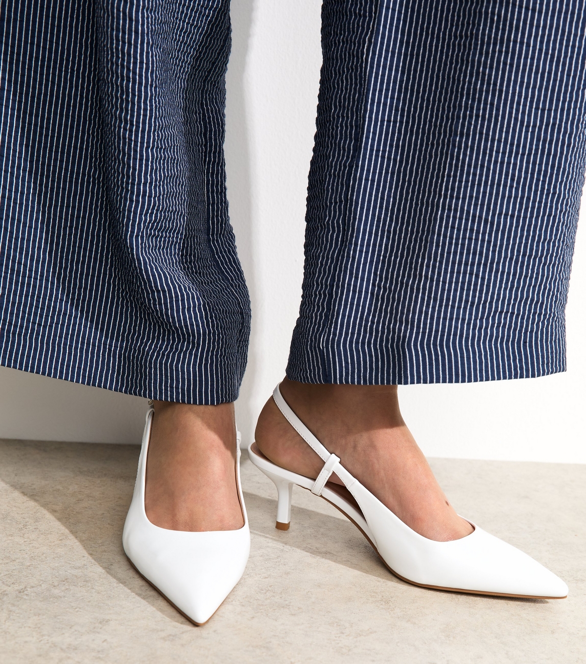 Women's White Faux Patent Leather Slingback Pumps Vegan New Look