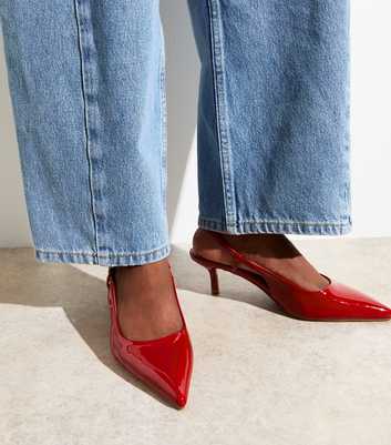 Red Faux Patent Leather Slingback Pumps