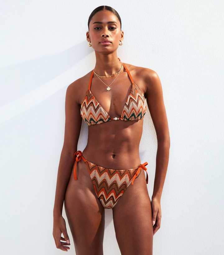 Brown Patterned Tie Side Bikini Bottoms