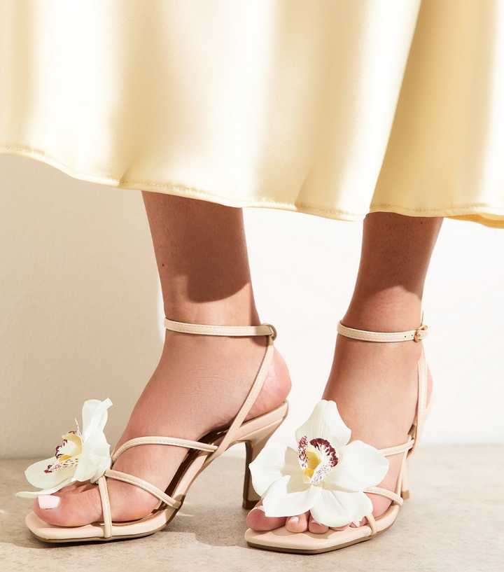 Off White Faux Leather Orchid Applique Heel Sandals
