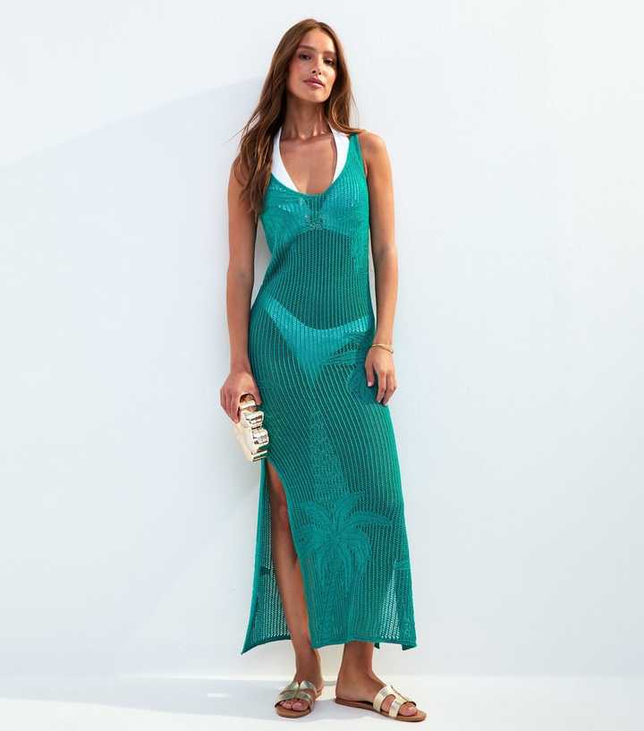 green emerald velvet dress Simkhai Solia Crochet Fringe Cover-Up Dress in Parakeet