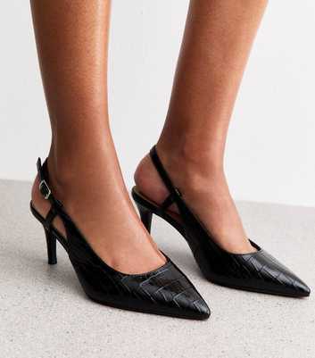Wide Fit Black Faux Leather Slingback Court Shoes