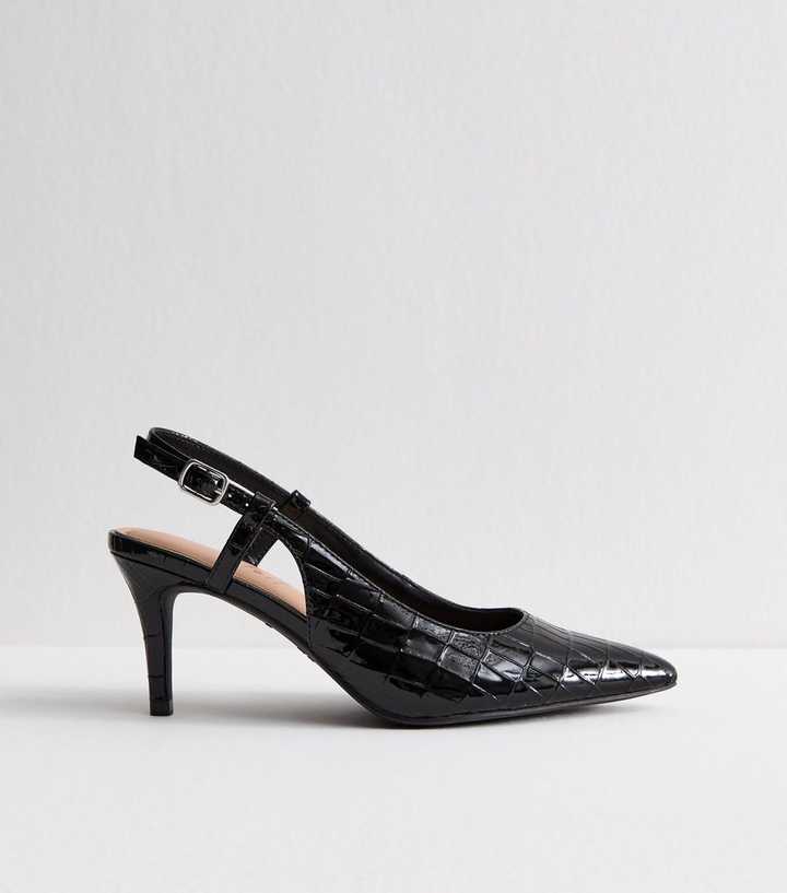Wide Fit Black Faux Leather Slingback Court Shoes