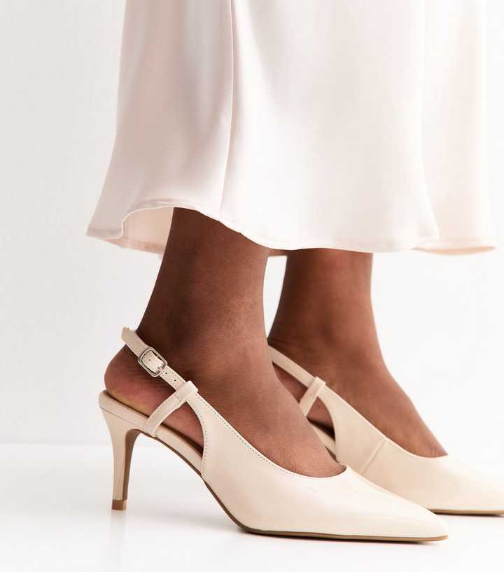 Wide Fit Off White Patent Faux Leather Slingback Court Shoes