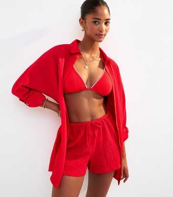 Red Textured Side Slit Beach Shirt