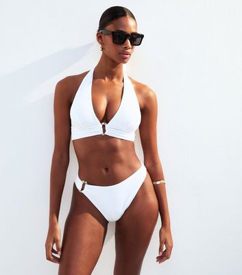 Cream Textured Jersey Ring Detail Bikini Bottoms