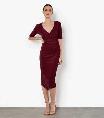 Apricot Burgundy Stretch Sparkle Midi Dress