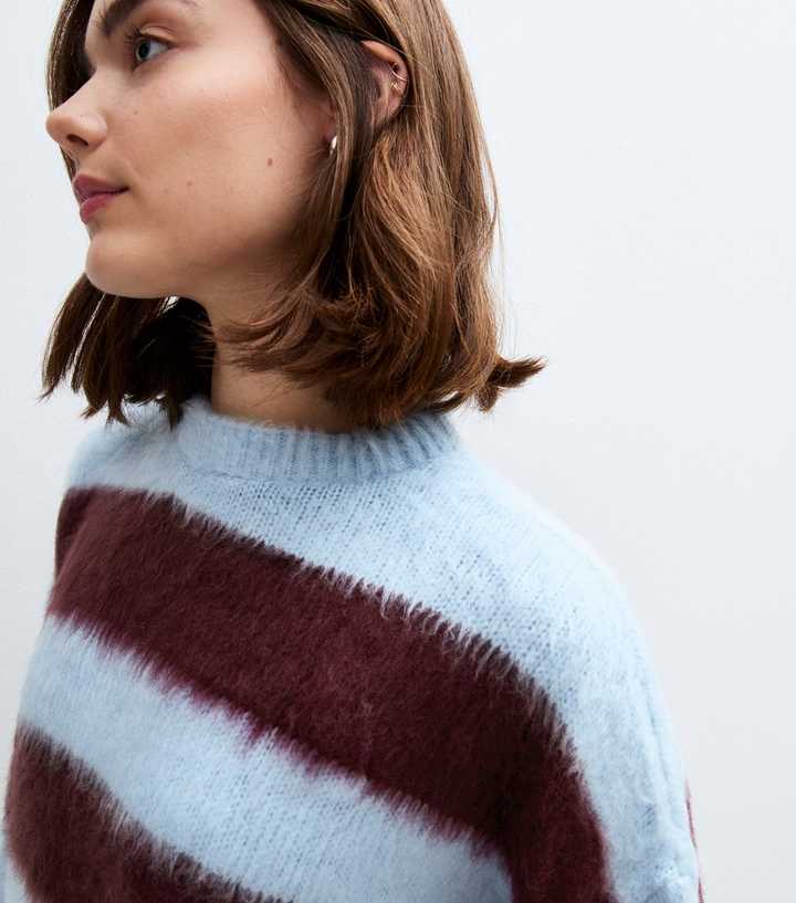 Blue Striped Brushed Knit Jumper New Look