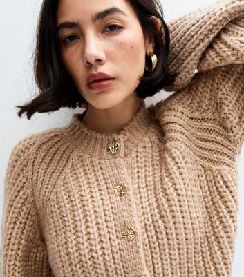 Tan Chunky Knit Metallic Thread Cardigan