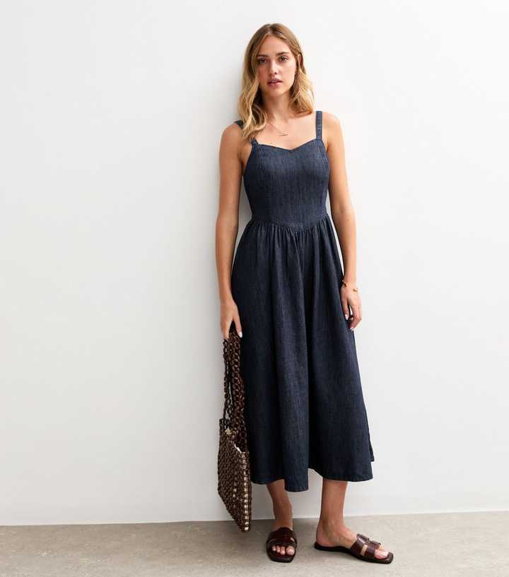 knee length dresses for ladies STARTING NEW DENIM MIDI DRESS  AKIRA