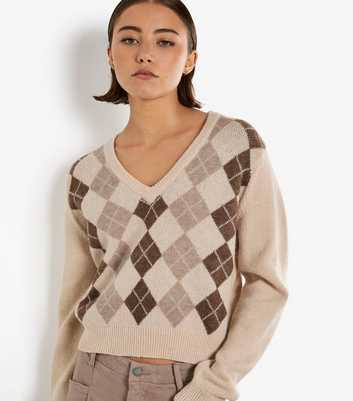 Apricot Stone V Neck Argyle Crop Sweater 