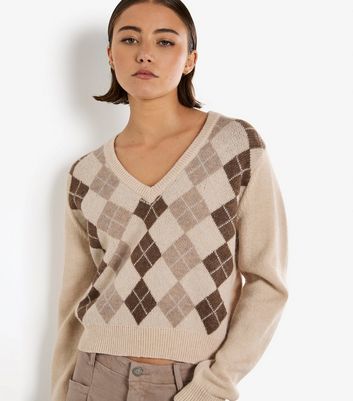 Apricot Stone V Neck Argyle Crop Sweater