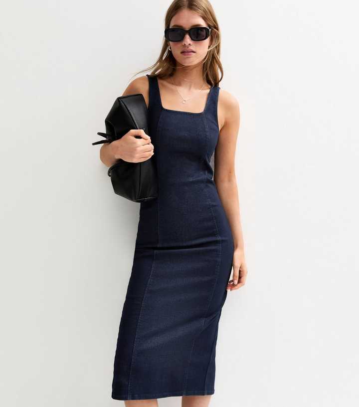 Navy Stretch Denim Square Neck Bodycon Midi Dress