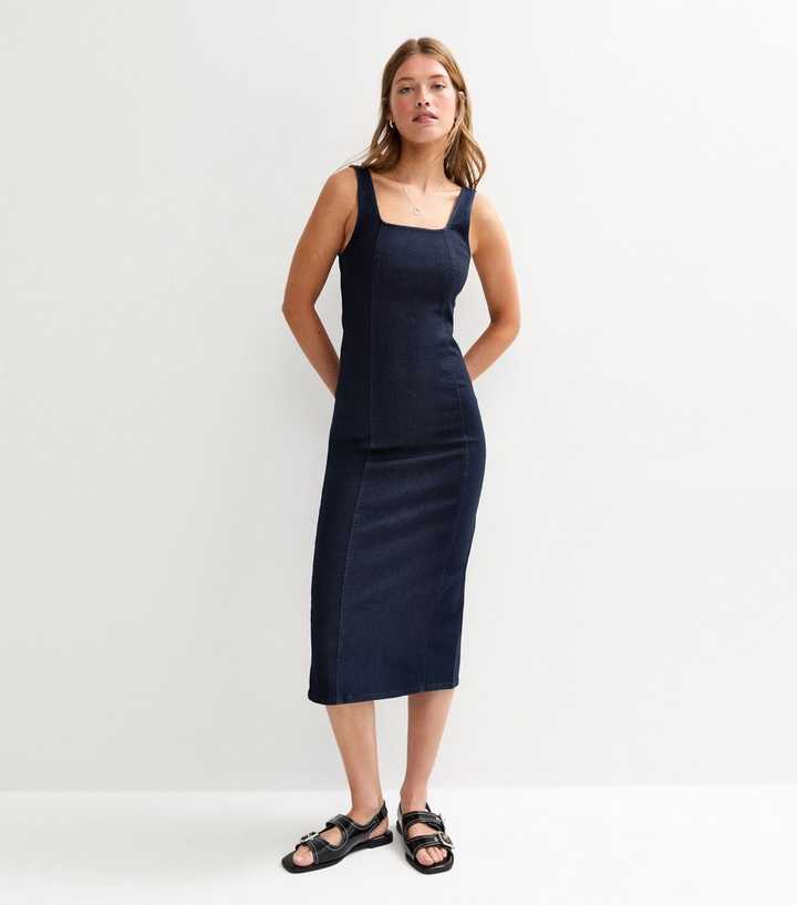 Navy Stretch Denim Square Neck Bodycon Midi Dress