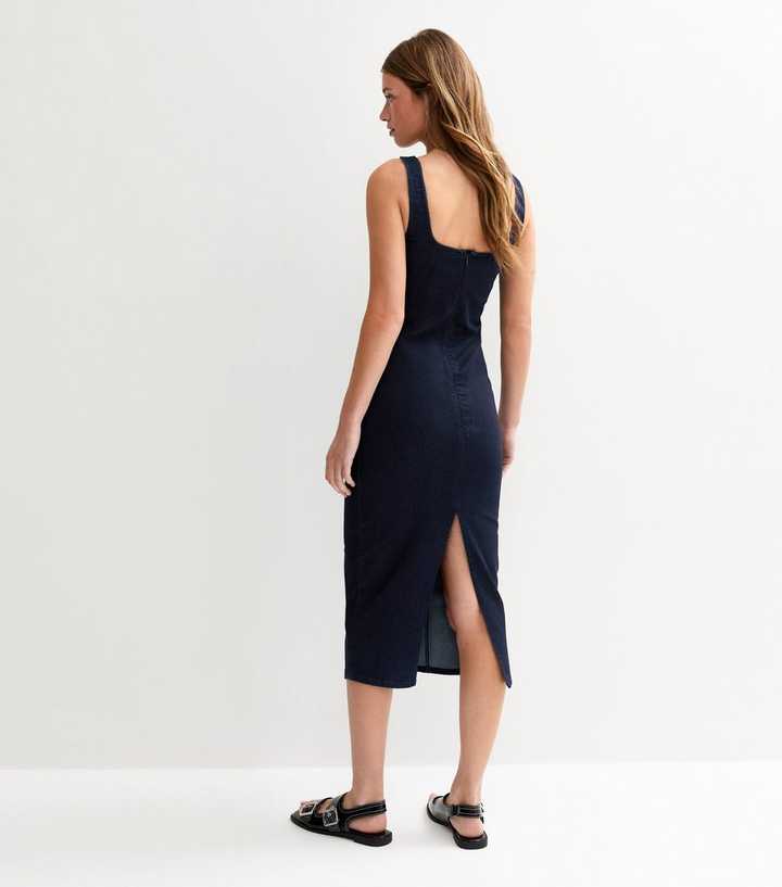 Navy Stretch Denim Square Neck Bodycon Midi Dress | New Look