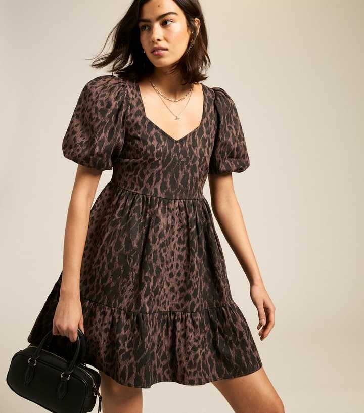 Brown Leopard Print Denim Mini Smock Dress