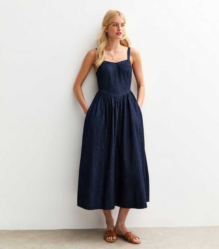 Tall Blue Denim Flared Skirt Midi Dress