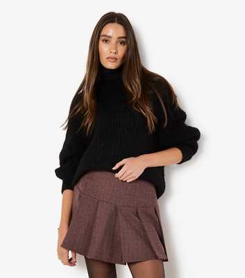 Apricot Red Pleated Check Mini Skirt