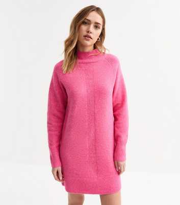 Sunshine Soul Bright Pink High Neck Knit Mini Dress