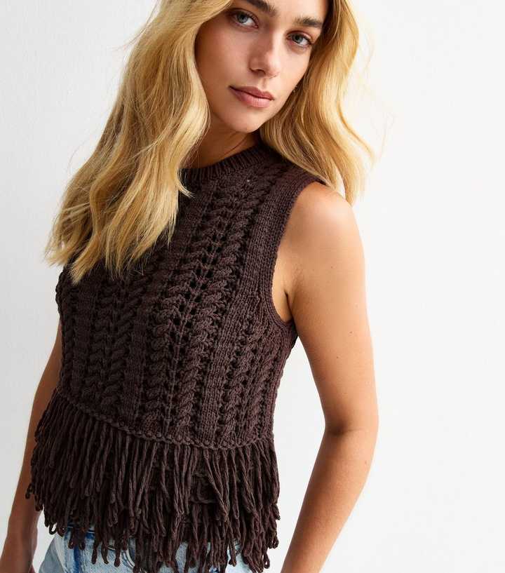 Dark Brown Open Knit Fringe Trim Sleeveless Vest