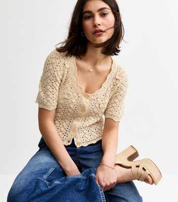 Cream Open Knit Floral Appliqued Cardigan
