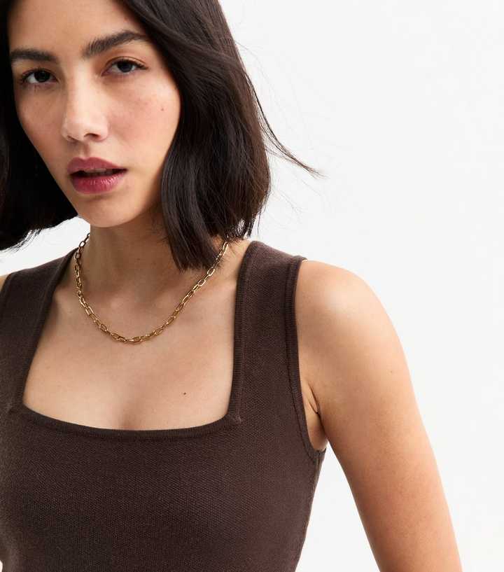 Dark Brown Square Neck Compact Knit Vest