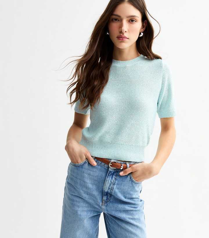 Blue Metallic Knit Sequin Embellished Knit Top