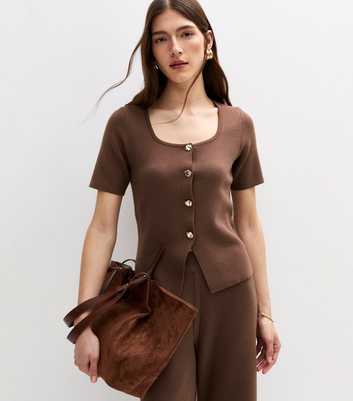 Brown Compact Knit Short Sleeve Cardigan