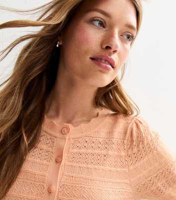 Light Coral Pointelle Knit Short Sleeve Cardigan