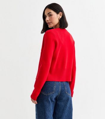 Red Compact Knit Button Up Cardigan | New Look