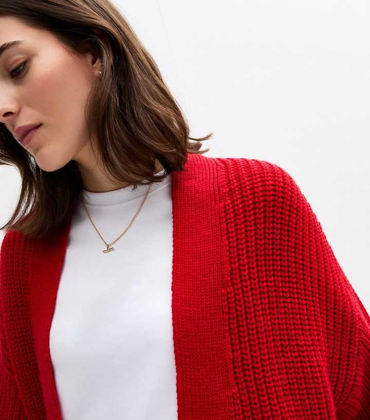 Red Chunky Knit Balloon Sleeve Cardigan 