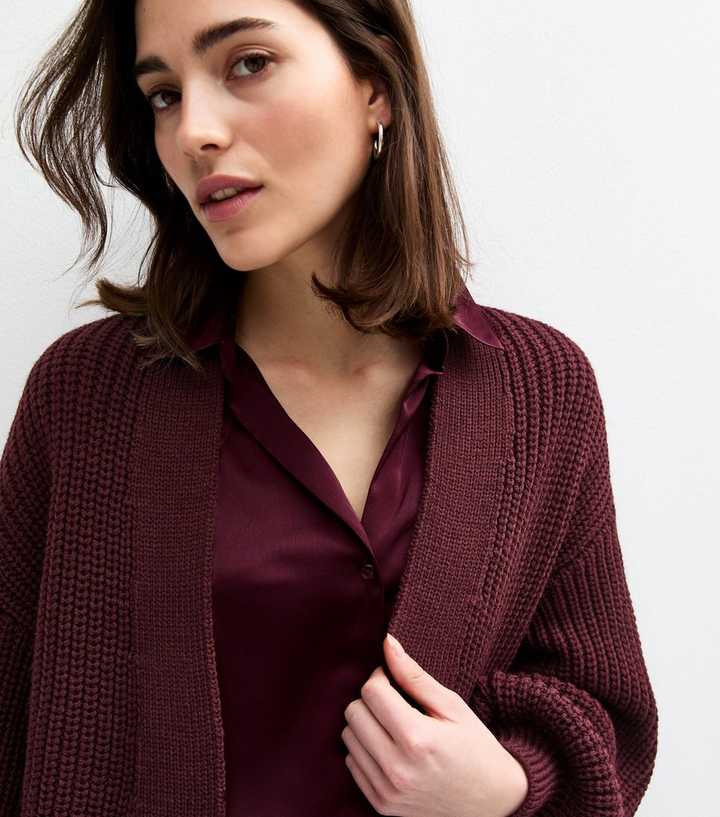 Burgundy Chunky Knit Balloon Sleeve Cardigan
