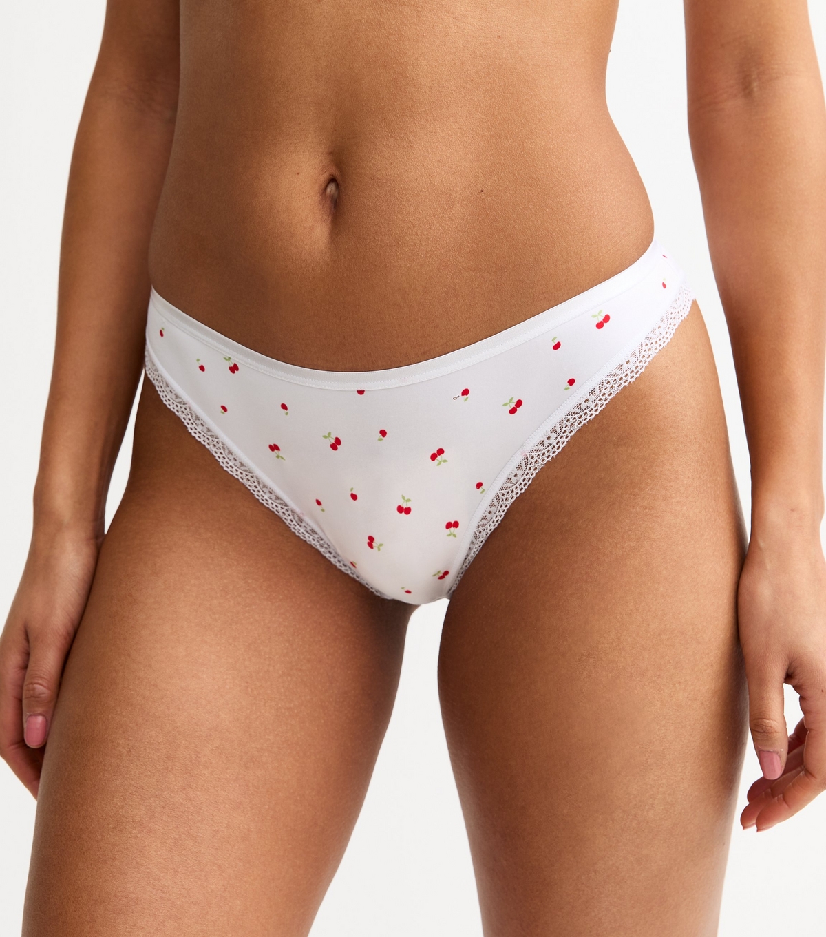 Women's White Cherry Print Lace Trimmed Briefs New Look
