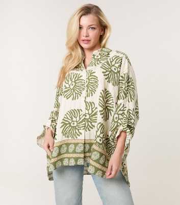 Blue Vanilla Khaki Leaf Print Oversized Shirt