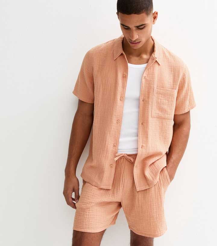 Light Brown Relaxed Short Sleeve Textured Cotton Shirt