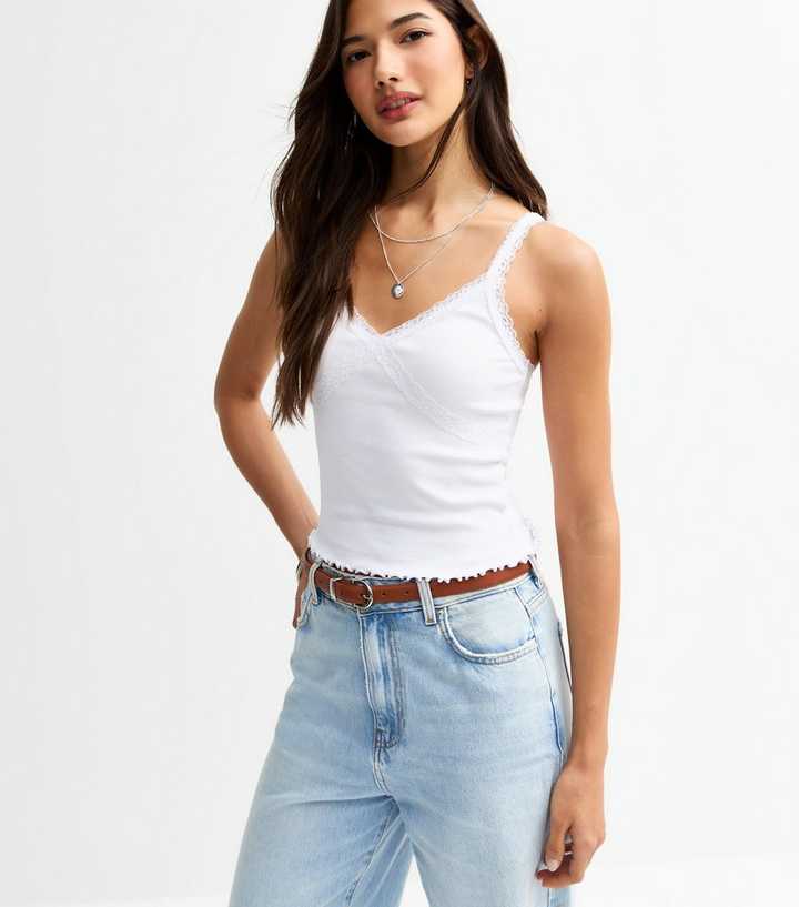 White Lace Trim Strappy Cami Top