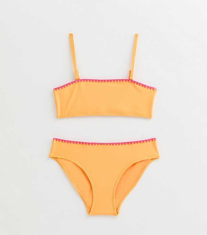 Girls Bright Orange Blanket Stitch Trim Bandeau Bikini Set