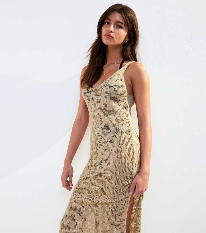 Gold Leopard Knit Maxi Beach Dress | New Look