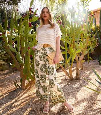 Blue Vanilla Khaki Printed Wide Leg Trousers